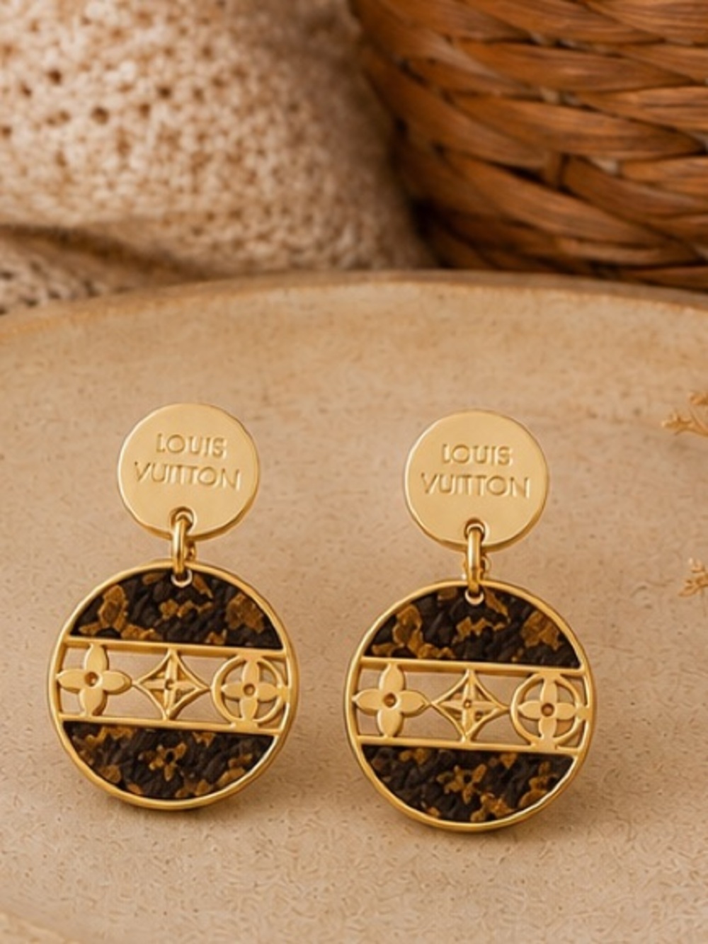 Designer Inspired Gold and Brown Round Monogram Drop Earrings